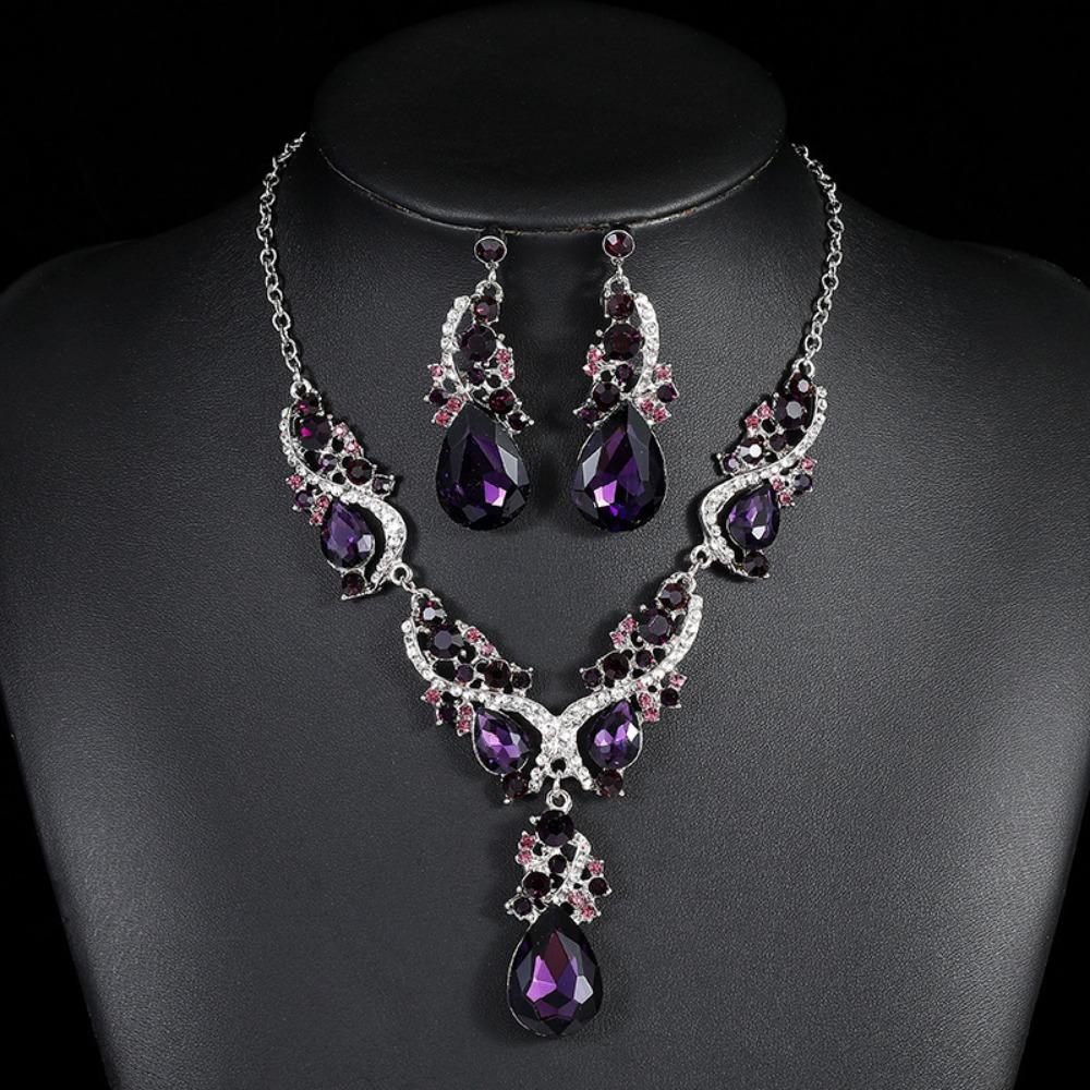Exaggerated Rhinestone Jewelry Set Crystal Women's Necklace Water Drop Necklace Earrings Set  Women
