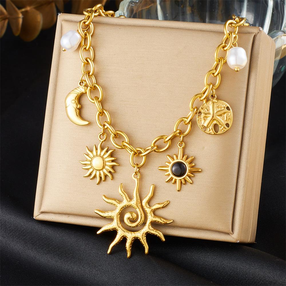 Stainless Steel Creative Spiral Sun Element Moon Star Pendant Necklace Women Hyperbole Clavicle Chain Party Gifts