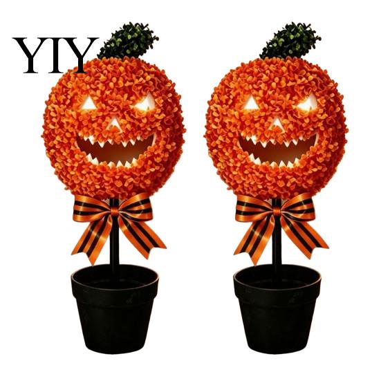Artificial Pumpkin Topiary Tree Tree, Halloween Face Faux Boxwood Plants with Stake, Weatherproof Garden Lawn Ornaments Fall Autumn Thanksgiving Decor