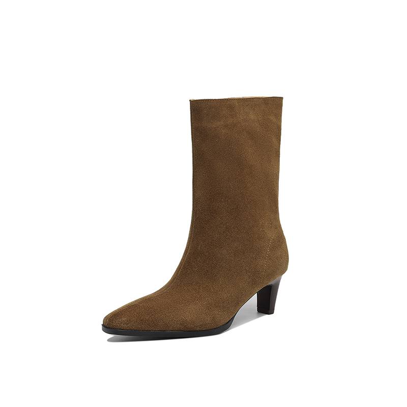 Krazing Pot Замша Нубук Осень Зима Обувь Толстый Высокий Каблук Большой Размер 43 Современные Сапоги Квадратный Носок Сохраняют Тепло Слипоны Сапоги до середины икры