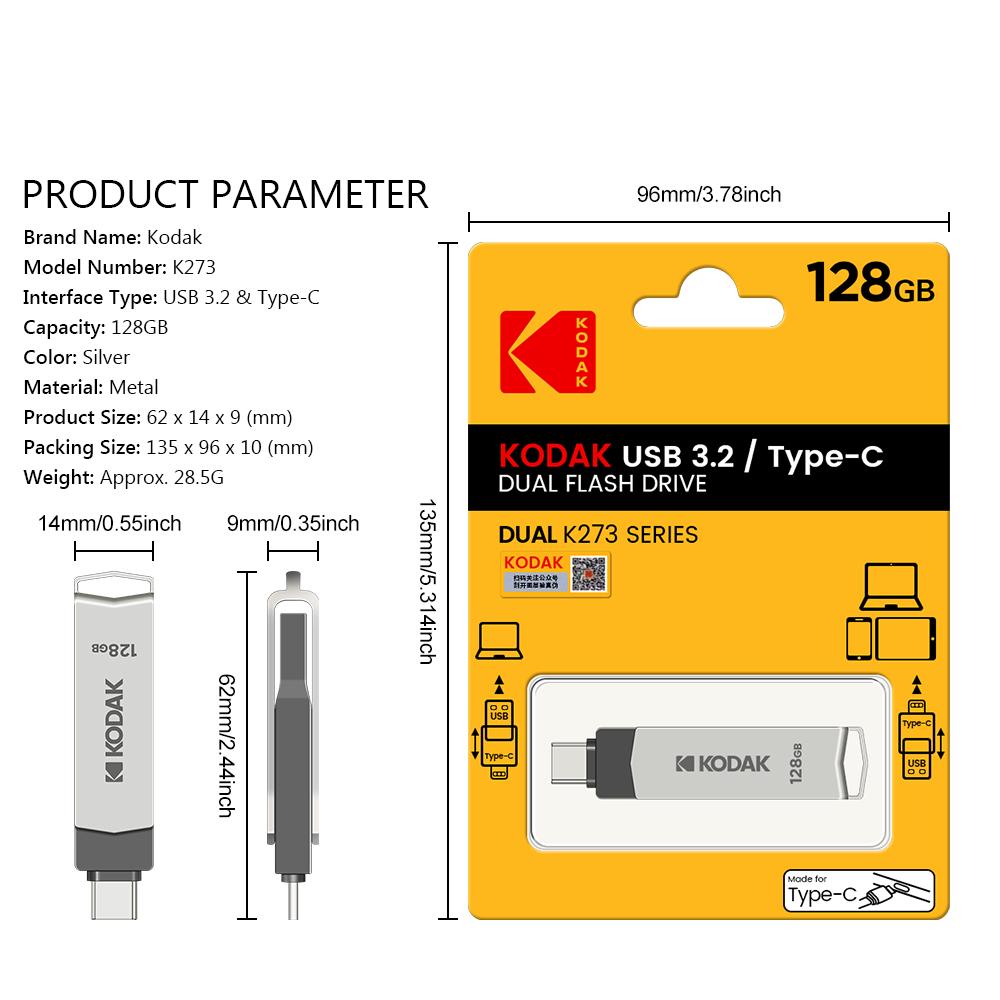 Kodak K273 USB флэш-накопитель металлический USB 3,2 Pendrive Type c OTG 32 ГБ/64 ГБ/128 ГБ/256 ГБ для ключей cle USB для смартфона