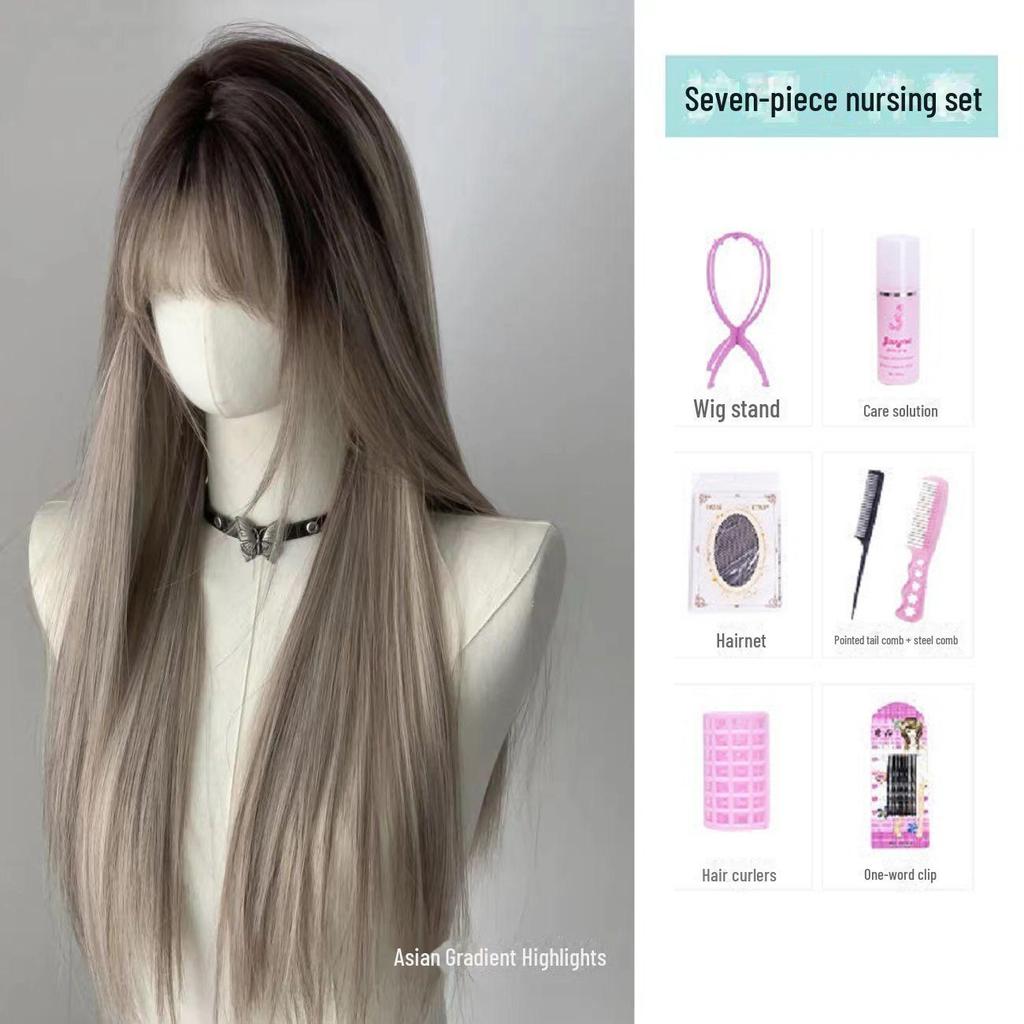 Супер горячий градиентный окрашенный длинный прямой парик в азиатском стиле с челкой - европейский и американский полный парик