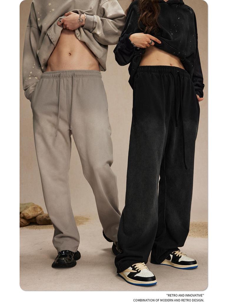 Autumn 2024 Retro Washed Distressed Spray Dye Sweatpants for Men - Loose Fit with Drawstring