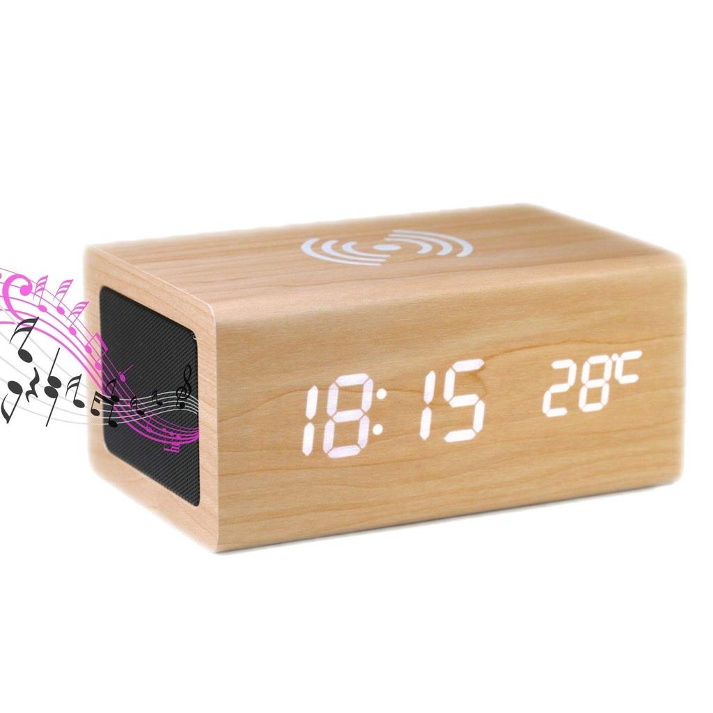WOOD SHOW Alarm Stylish Table Clock with Wireless 4 In 1 Digital Wood Grain Interior Multifunctional Table USB For Technical Compliance Certified Wood