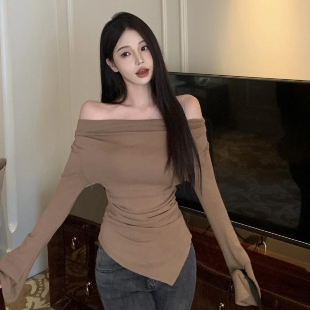 Streetwear Slim Fit Crop Tops Off-shoulder Long Sleeve Tops Unusual Bottoming T-shirt Ladies