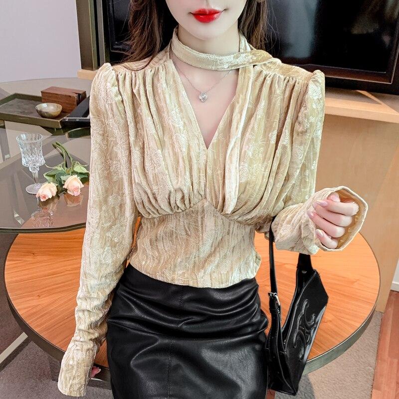 Сексуальная бархатная женская блузка, осенний винтажный стиль, французский шарф с запахом на талии, топы с v-образным вырезом, плиссированная футболка с длинным рукавом, приталенная футболка 29072