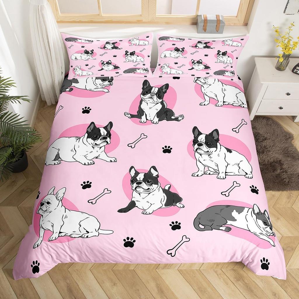 Puppy Dog Duvet Cover Full Queen Size Kawaii Pug Comforter Cover Love Heart Print Bedspread Cover Cute Pet Black Bedding Set