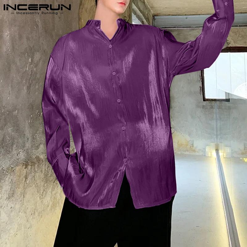INCERUN Мужские рубашки с блестками, с длинным рукавом, на пуговицах, однотонные, с открытой спиной, бандажные топы