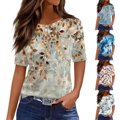 Футболки для женщин с круглым вырезом, нарядные повседневные блузки с принтом, короткие рукава, летние топы свободного кроя