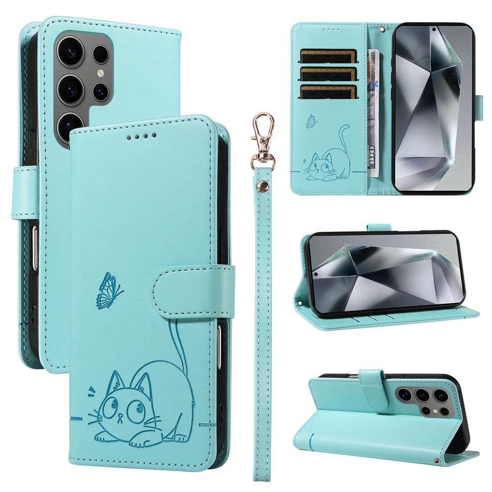 Magnetic Leather Wallet Flip Case for Samsung Galaxy S25 S24 S23 S22 S21 S20 Plus Ultra FE | Cat & Butterfly Embossed Design