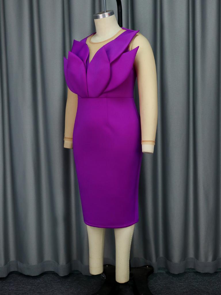AOMEI Purple Midi Dresses Women O Neck Long See Through Sleeve Empire Evening Cocktail Party Dress