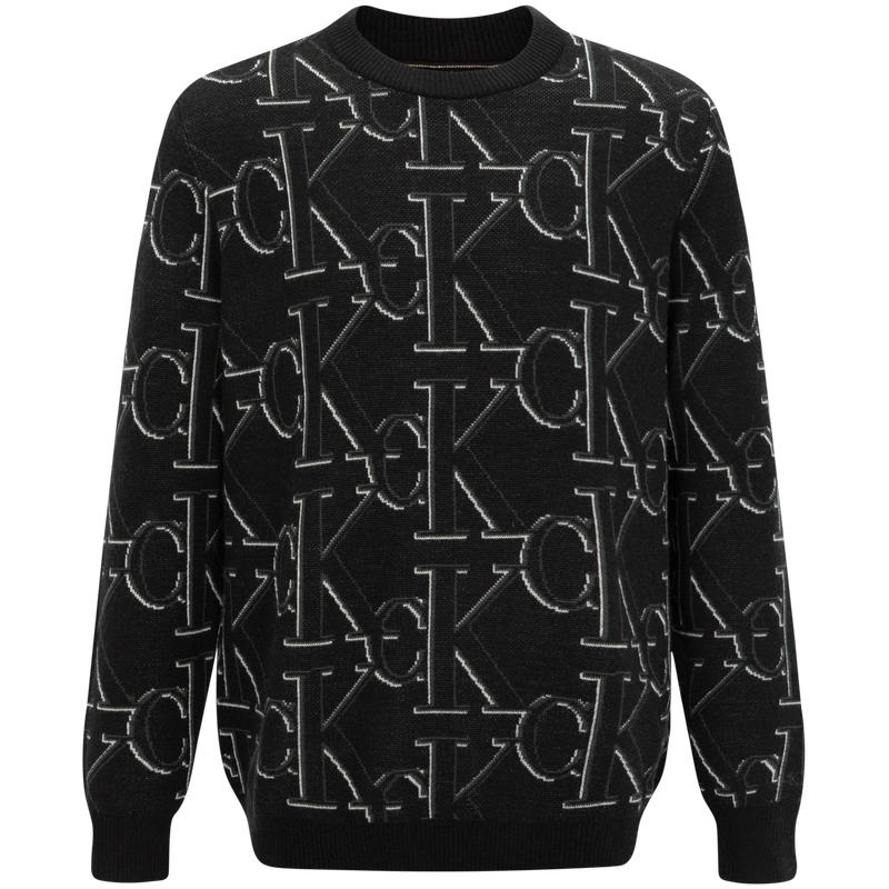 Calvin Klein Осенне-зимний модный свитер с круглым вырезом и принтом по всей поверхности, мужской свитер с длинными рукавами, черный цвет J322304