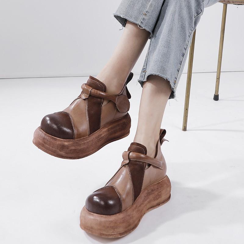 Johnature Genuine Leather Women's Flat Platform Shoes Versatile Vintage Round Toe Thick Soled Shoes