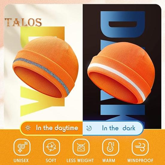 Men Outdoor Hat with Reflective Stripe High Elasticity Keep Warm Solid Color Folded Brim Nocturnal Sport Cap High-Visibility Knitted Headwear for