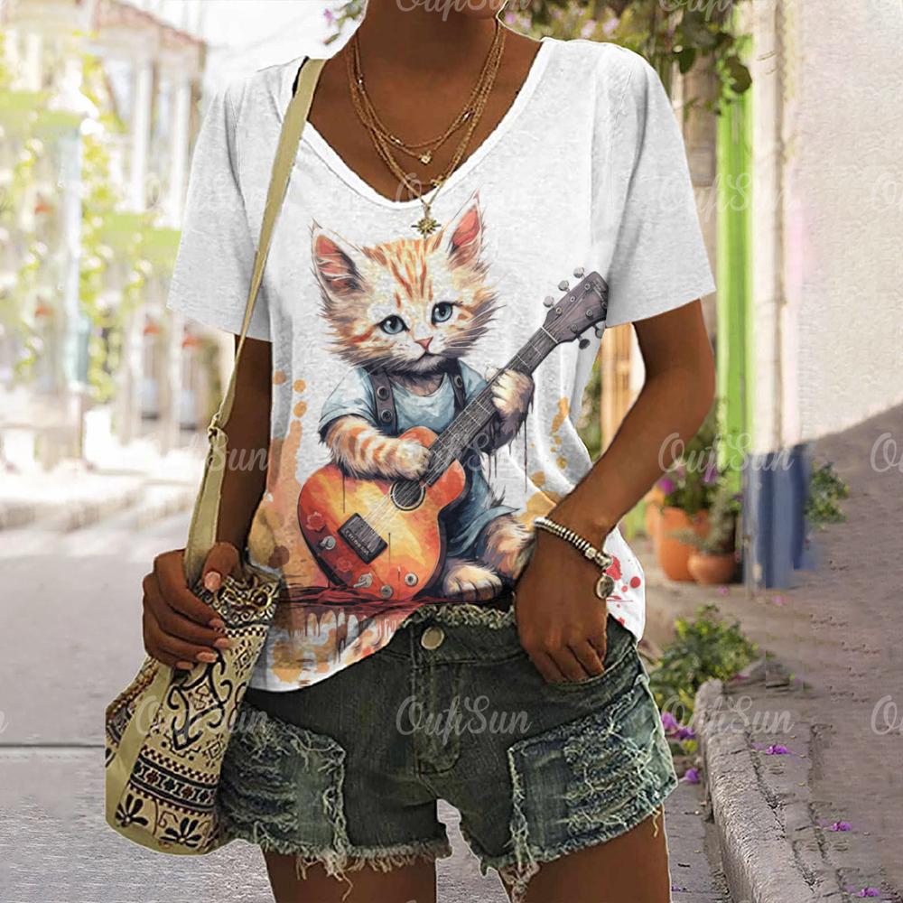 2024 New Women T-Shirt Rockin' Cat Print Top Plus Size Summer Women's Trending Clothing Fashion Short Sleeve Shirt Crew Tee