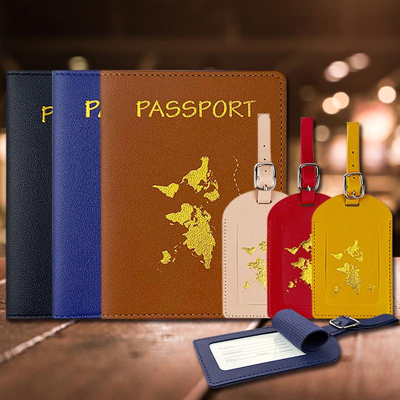 Customizable PU Leather Passport Cover with Hot Stamped Logo, Map, Luggage Tag, & Passport Holder Set