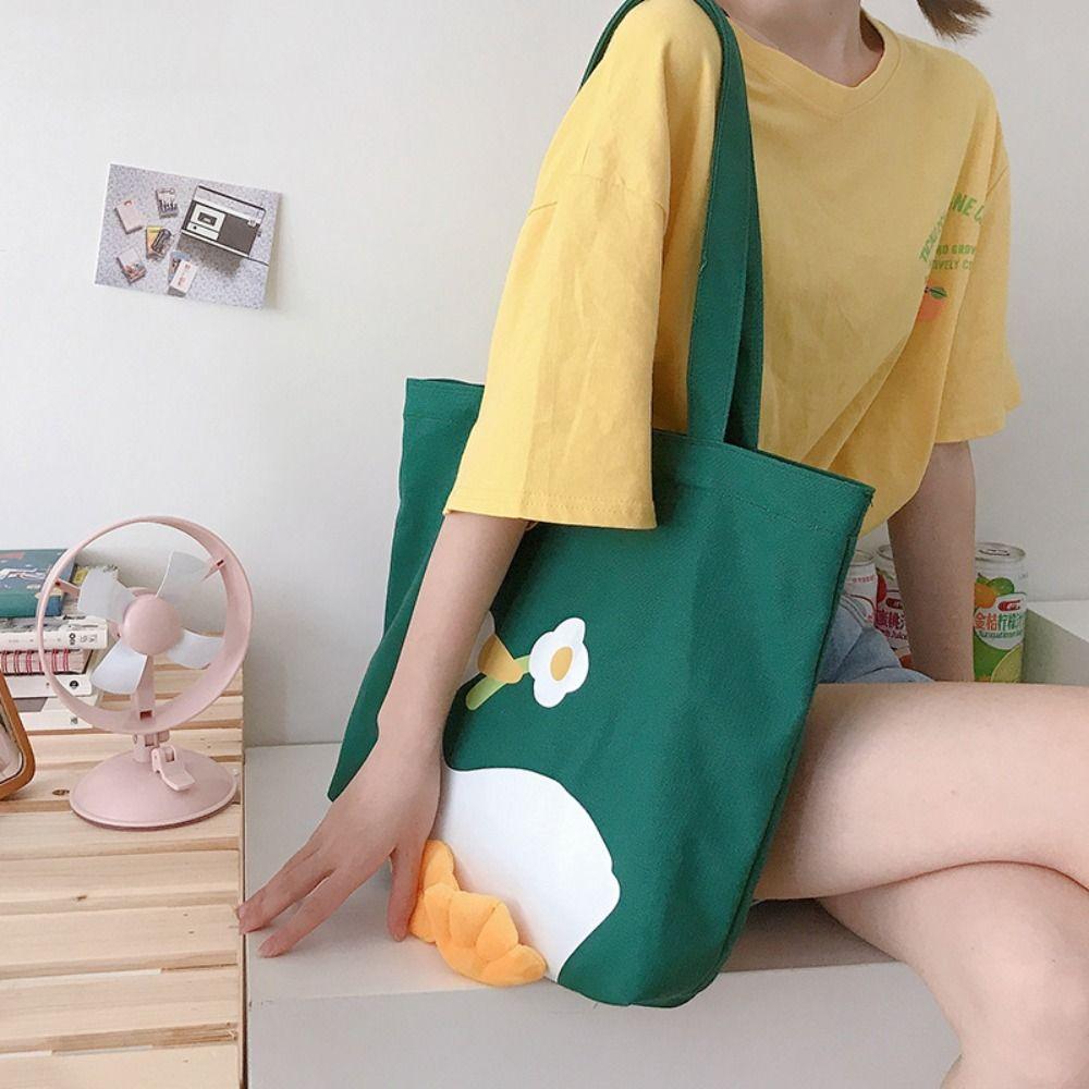 Eco Cute Duck Tote Bag Canvas Duck Embroidery Crossbody Bag Fashion Large-Capacity Shopping Bag
