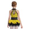 Girls Dance Costume Turn-Down Collar Sleeveless Sheer Mesh Keyhole Back Shiny Sequins Feather