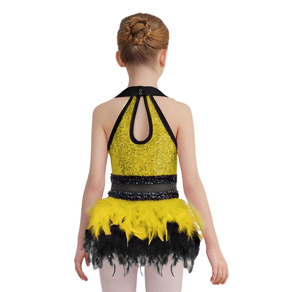 Girls Dance Costume Turn-Down Collar Sleeveless Sheer Mesh Keyhole Back Shiny Sequins Feather