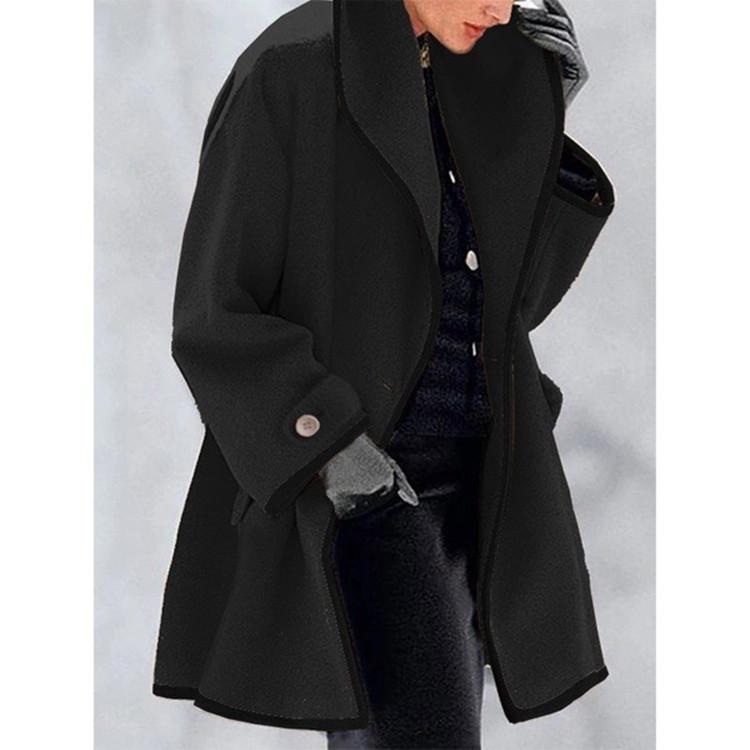 Women's Long Coat with Black Trim, Button Front Closure, Multiple Colors (Blue, White, Red, Beige, Purple, Gray, Black)