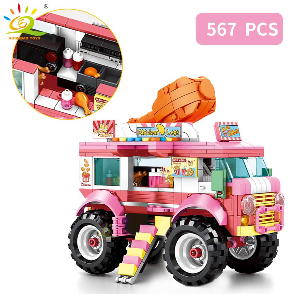 City Outing Bus Ice Cream Burger Shop Car Building Blocks Food Snack Street View Store Van Bricks Toy For Children Girl