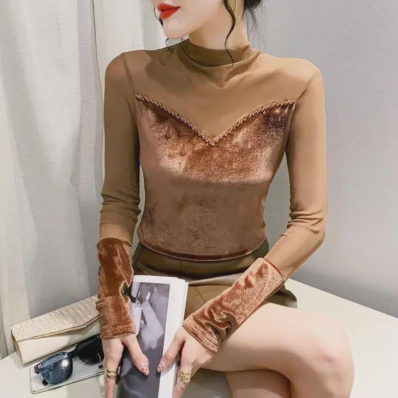 Осенняя приталенная футболка с бисерной лоскутной отделкой, полувысоким воротником и длинными рукавами для женщин