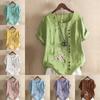 Women's Fashion Round Neck Short Sleeve T-shirt Casual Cotton Linen Graphic Shirt Leisure Loose Plum Tree Prined Summer Blouse Tops