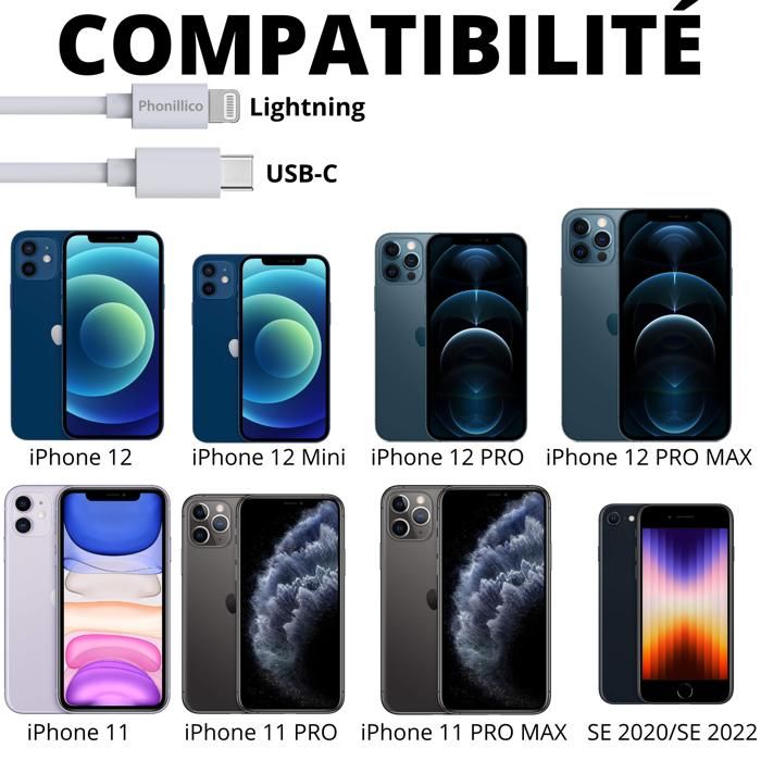 Lot 2 Cables 20cm USB-C Lightning Chargeur Blanc pour iPhone 12 / 12 MINI / 12 PRO / 12 PRO MAX /11/11 PRO/11 PRO MAX/SE Phonillico