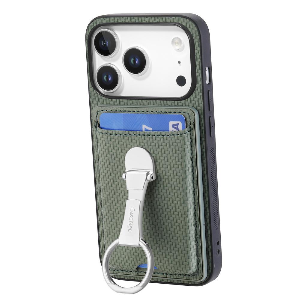 For iPhone 17 Pro Leather Phone Back Cover with Kickstand and Card Slots Carbon Fiber Texture