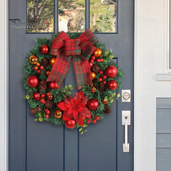 Рождественский венок с красным клетчатым бантом Сосновая шишка Игольчатый шар Ягода Многоразовый праздник Крытый открытый Окно Передняя дверь Настенный подвесной искусственный