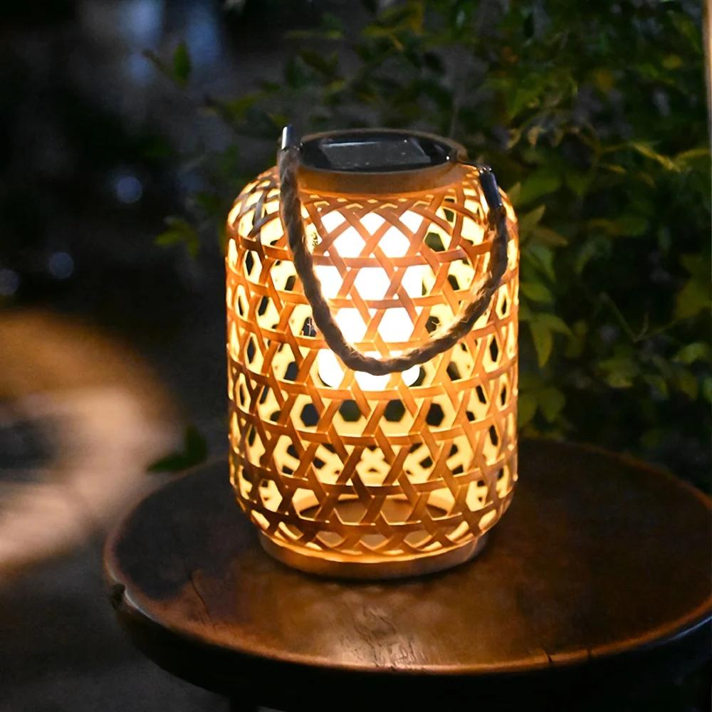 Solar Powered Rattan Lantern Chandelier Plastic Material Solar Wireless Rechargeable Nickel Battery Courtyard Garden Decoration
