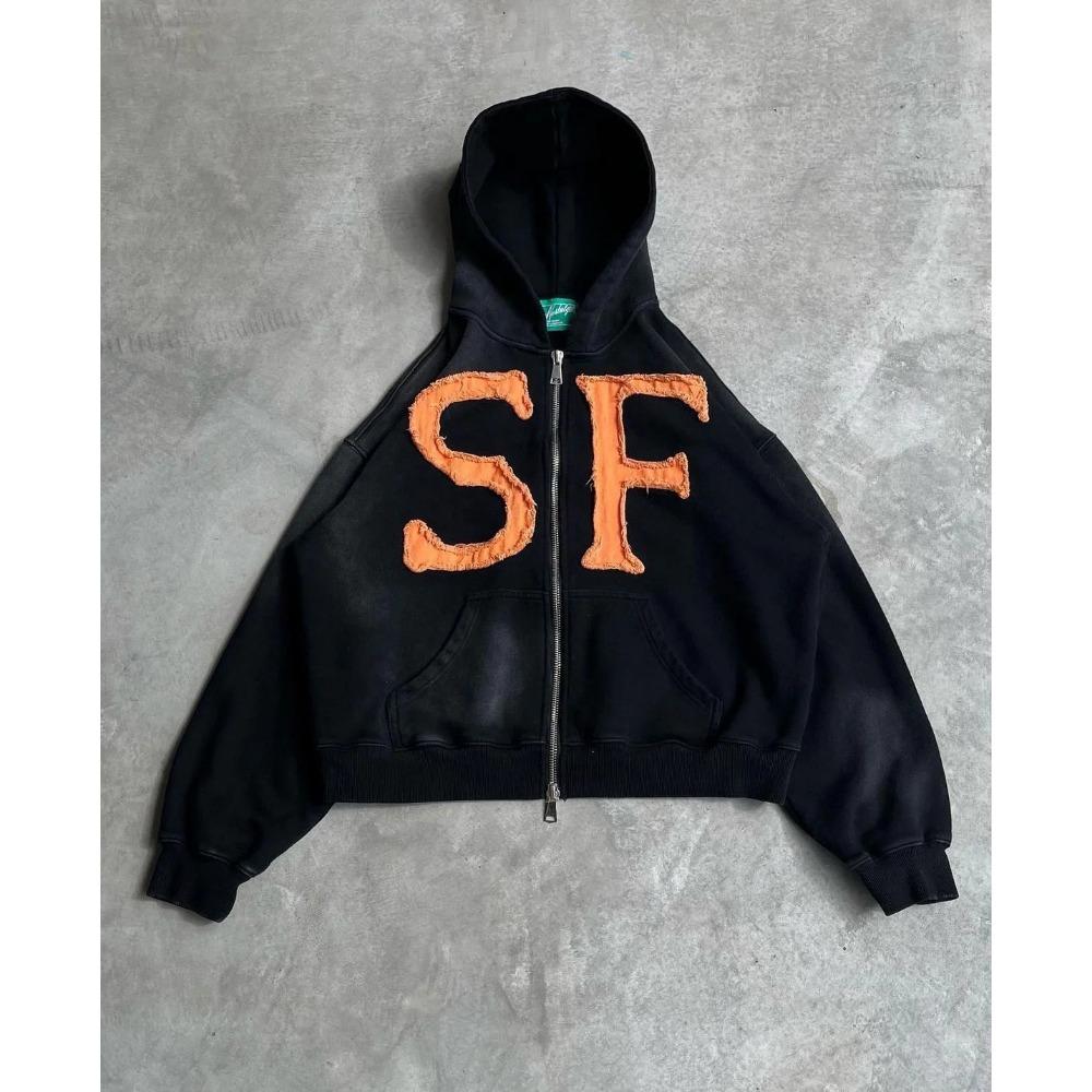 ZYLLO Y2k Harajuku Retro Trendy Brand Letter Embroidery Oversized Swetshirt Women High Street Fashion Loose Zipper Hoodie