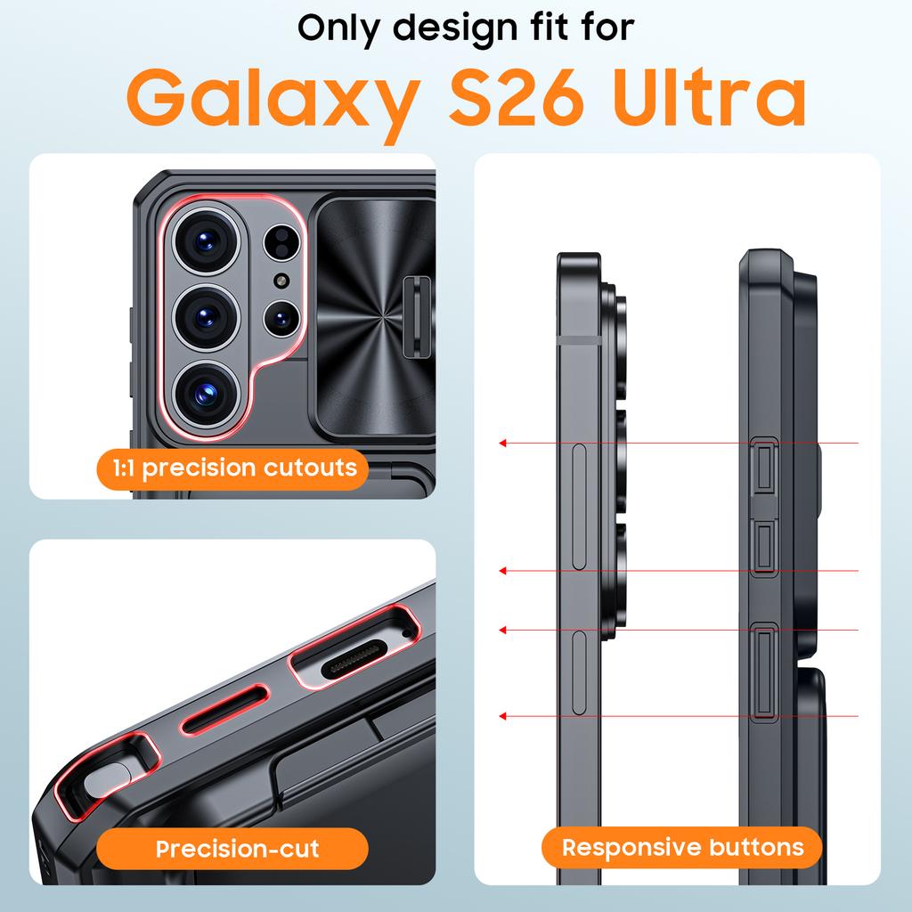 Чехол-кошелек для телефона Samsung Galaxy S26 Ultra с держателем для карт, выдвижной крышкой для камеры и подставкой- Черный