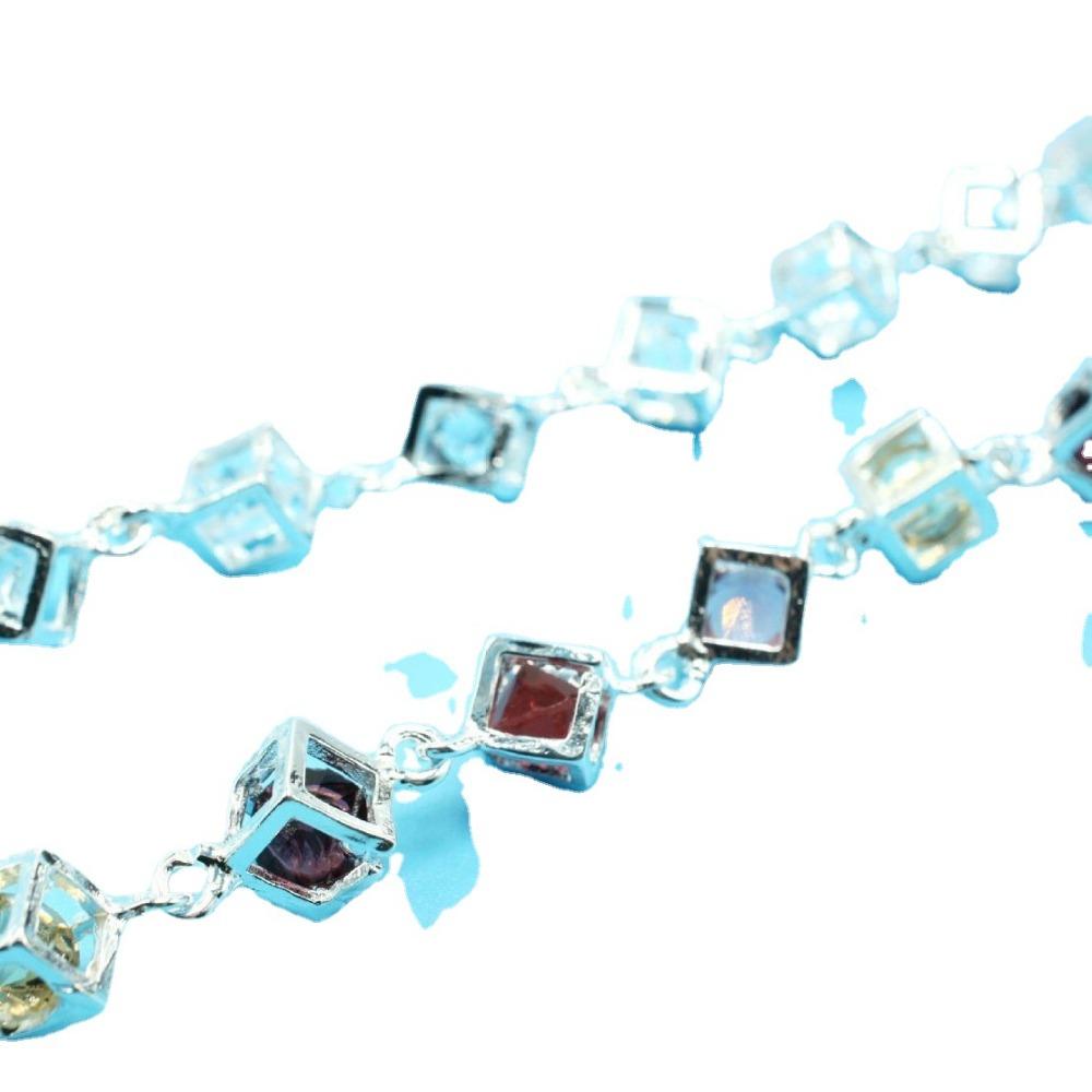 Silver Plated Copper Square Bracelet with White and Colorful Diamonds Elegant Jewelry for Women