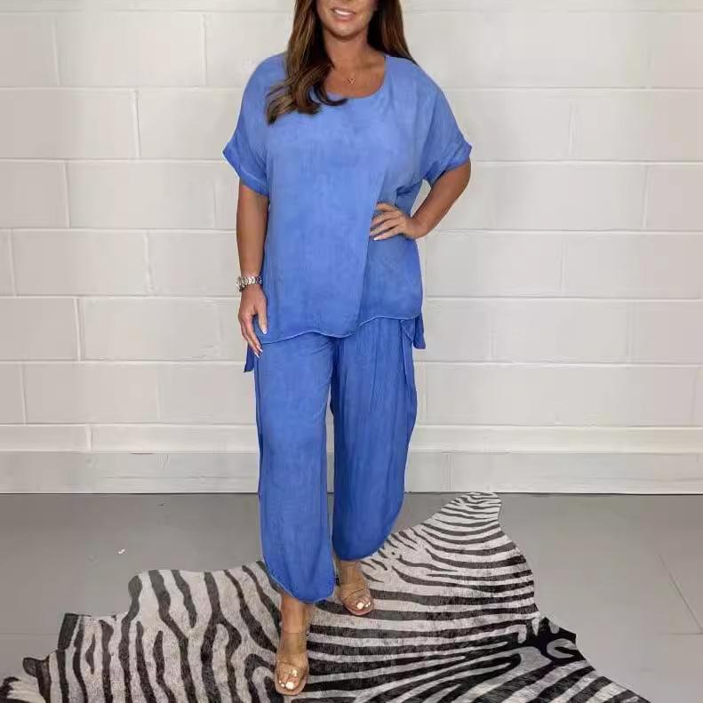 GMXIA Летний женский костюм, модный однотонный, с коротким рукавом и круглым вырезом, свободный повседневный костюм, женские костюмы и комплекты