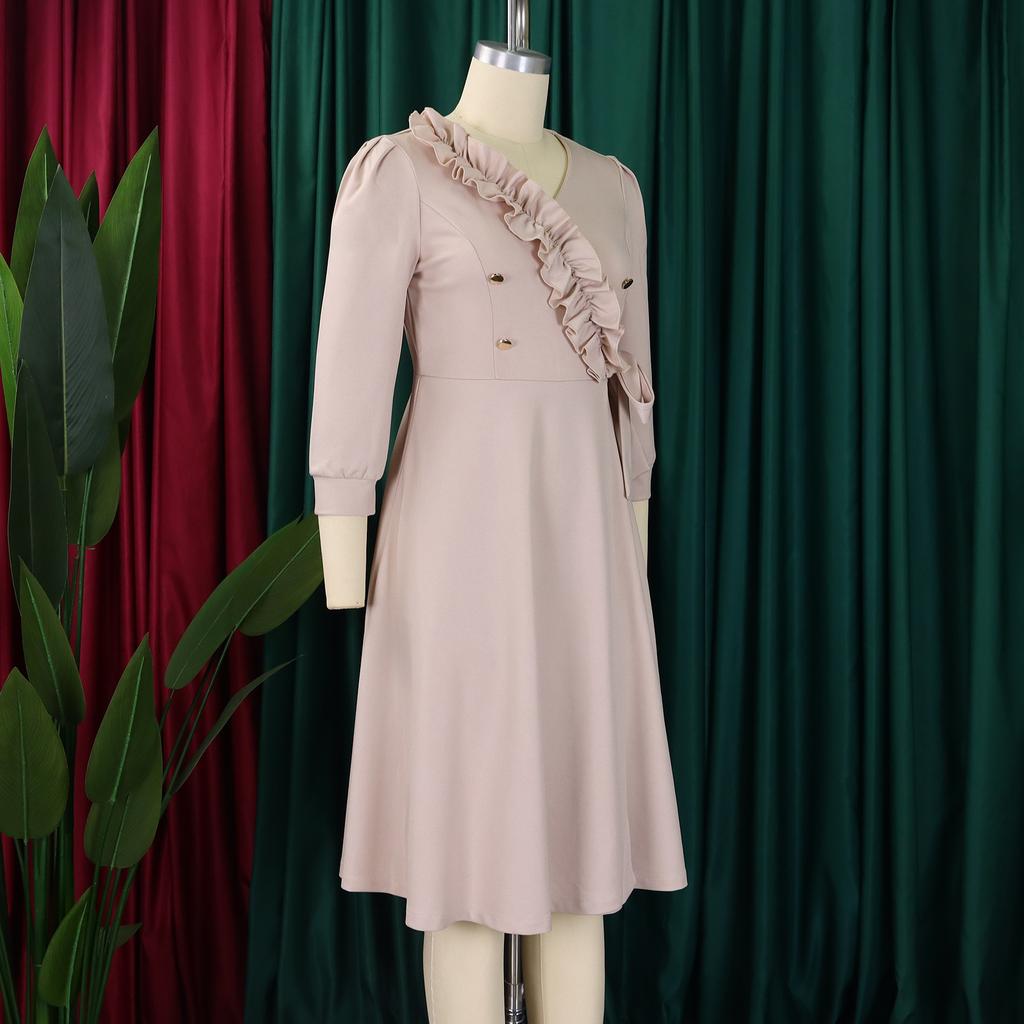 YYFS Women's Fashion Spring Fall Solid Color Print 3/4 Sleeves V-Neck High Waist Casual Dresses