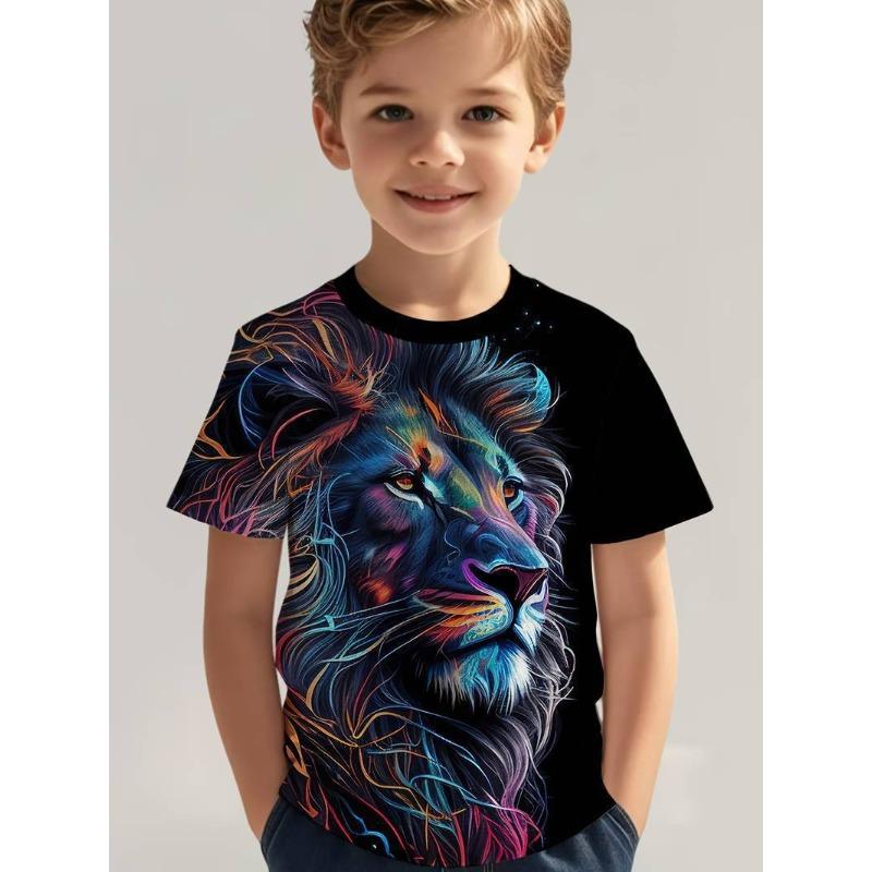 Summer Round Neck 3D Lion Pattern Printed Top Fashionable and Casual Short Sleeved Children's Boy T-shirts