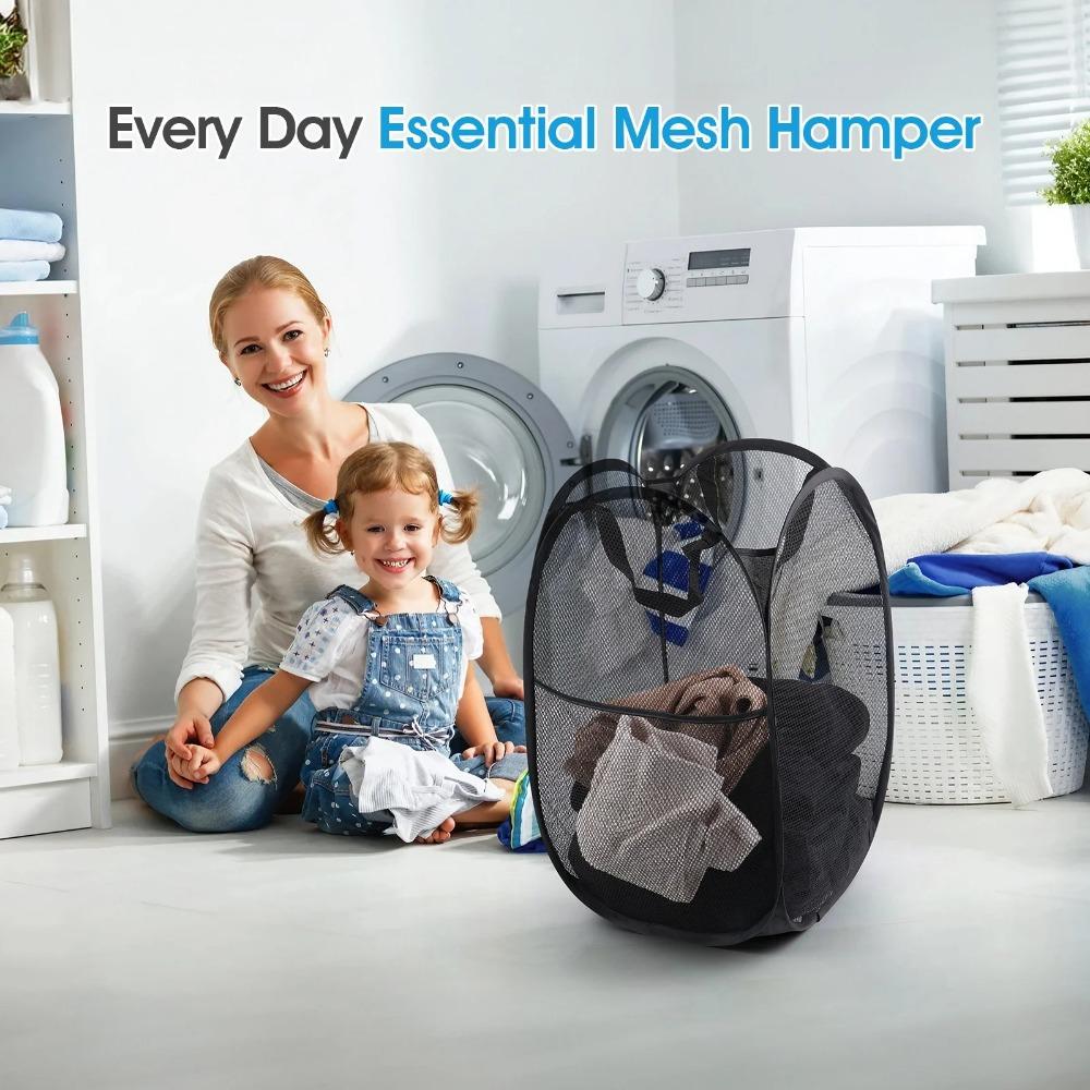 2-piece pop-up mesh laundry basket, foldable laundry basket, 74 liters, with side pockets