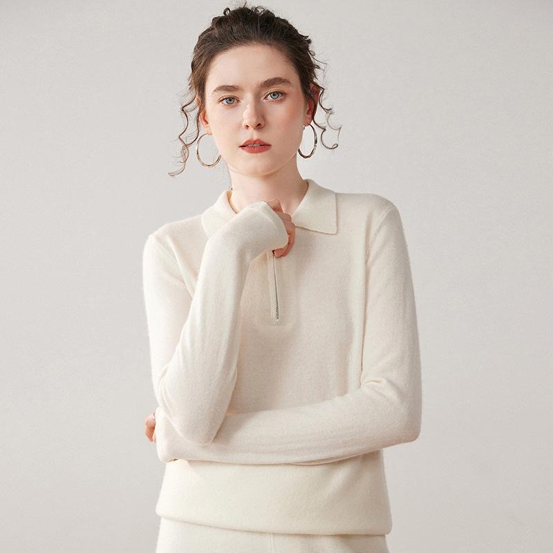 Women's Long-Sleeve Cashmere Half-Zip Polo Neck Sweater - Casual, Versatile, and Comfortable