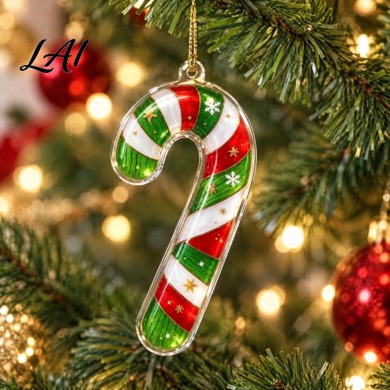 Stained Glass Style Decor Green Elf Christmas Ornament 2D Acrylic Red Bell Tree Candy Cane Gift Box Shaped Double Sided Hanging Decoration