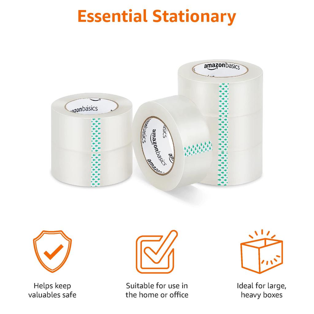 Amazon Basic Packaging OPP 48 мм Ширина x 100 м Упаковка прозрачной ленты, Длинный ролик двойной длины, 6,