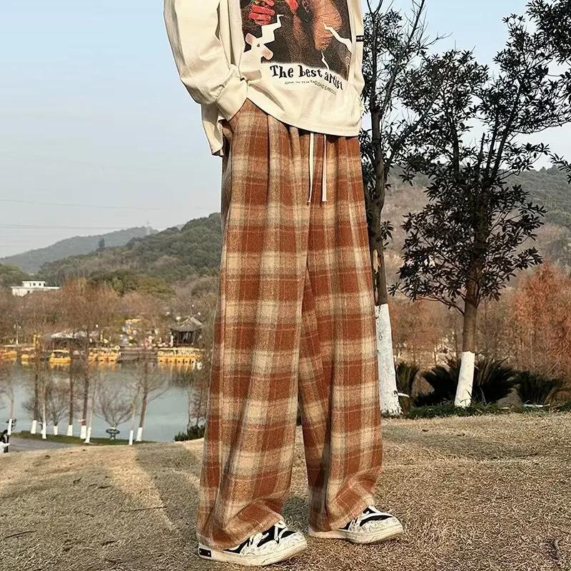 Fleece Vintage American Style Tweed Plaid Men's Pants Loose Straight Wide Leg Casual Trousers Trendy Brand Punk Rock Streetwear