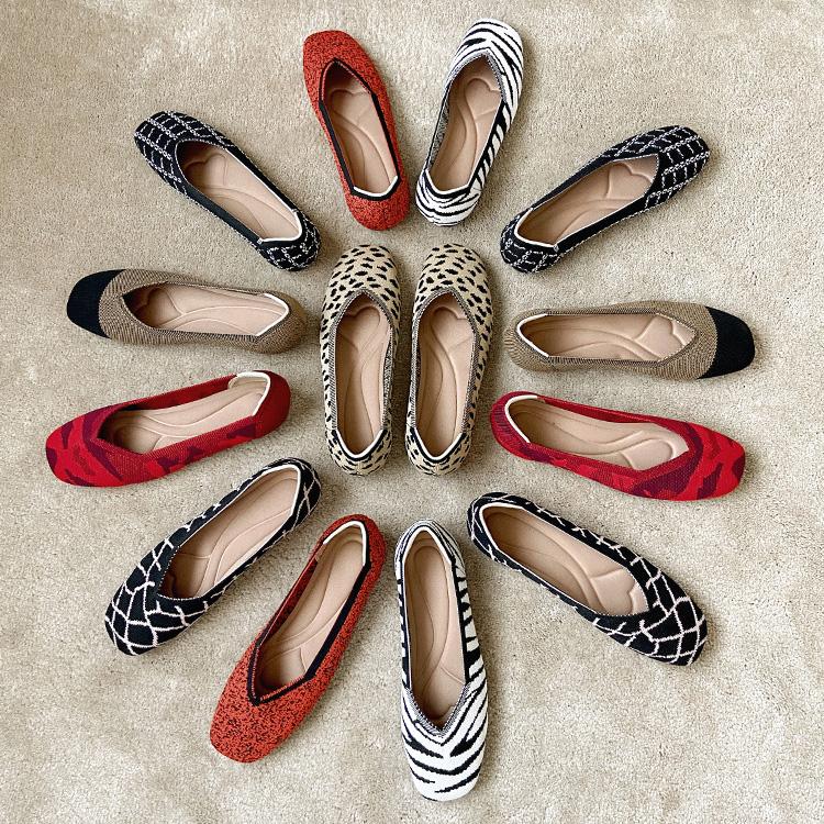 Square Toe Shallow Mouth Fabric Flat Bottom Women's Leopard Knitted Soft Bottom Large Shoes Size 34-43