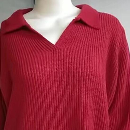 V Neck Turn-Down Collar Long Sleeve Knitted Sweater Autumn Winter Solid Color Slim Sweater Jumper Female Clothing