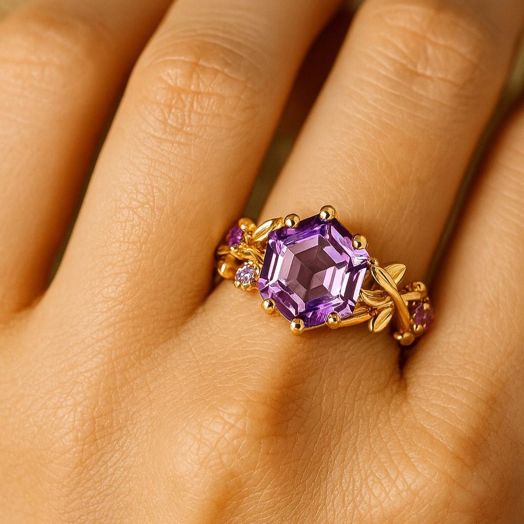 Hexagon Amethyst Engagement Ring – Yellow Gold Plated Leaf Wedding Band for Women | February Birthstone Promise, Anniversary Gift
