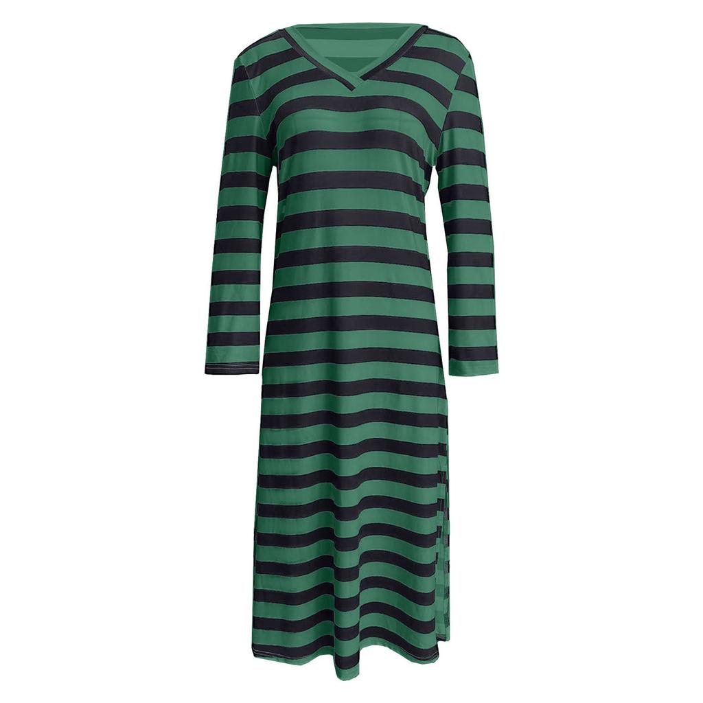 Женское свободное платье Temperament с V-образным вырезом, двухцветной полоской и длинными рукавами и разрезом