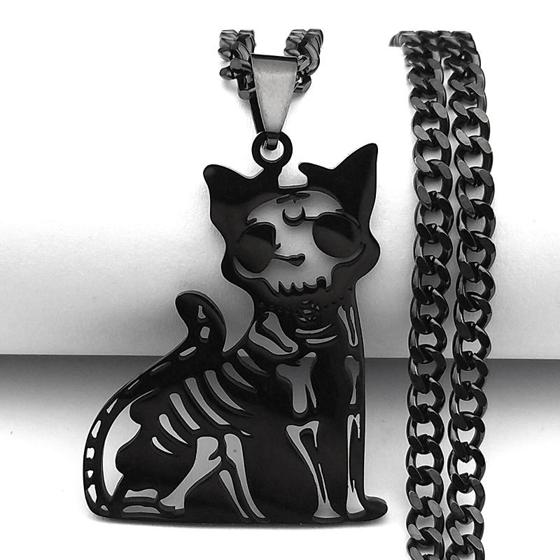Gothic Wicca Skeleton Cat Pentagram Stainless Steel Necklace Women/Men Necklaces Jewelry collar acero inoxidable 3828-QKC