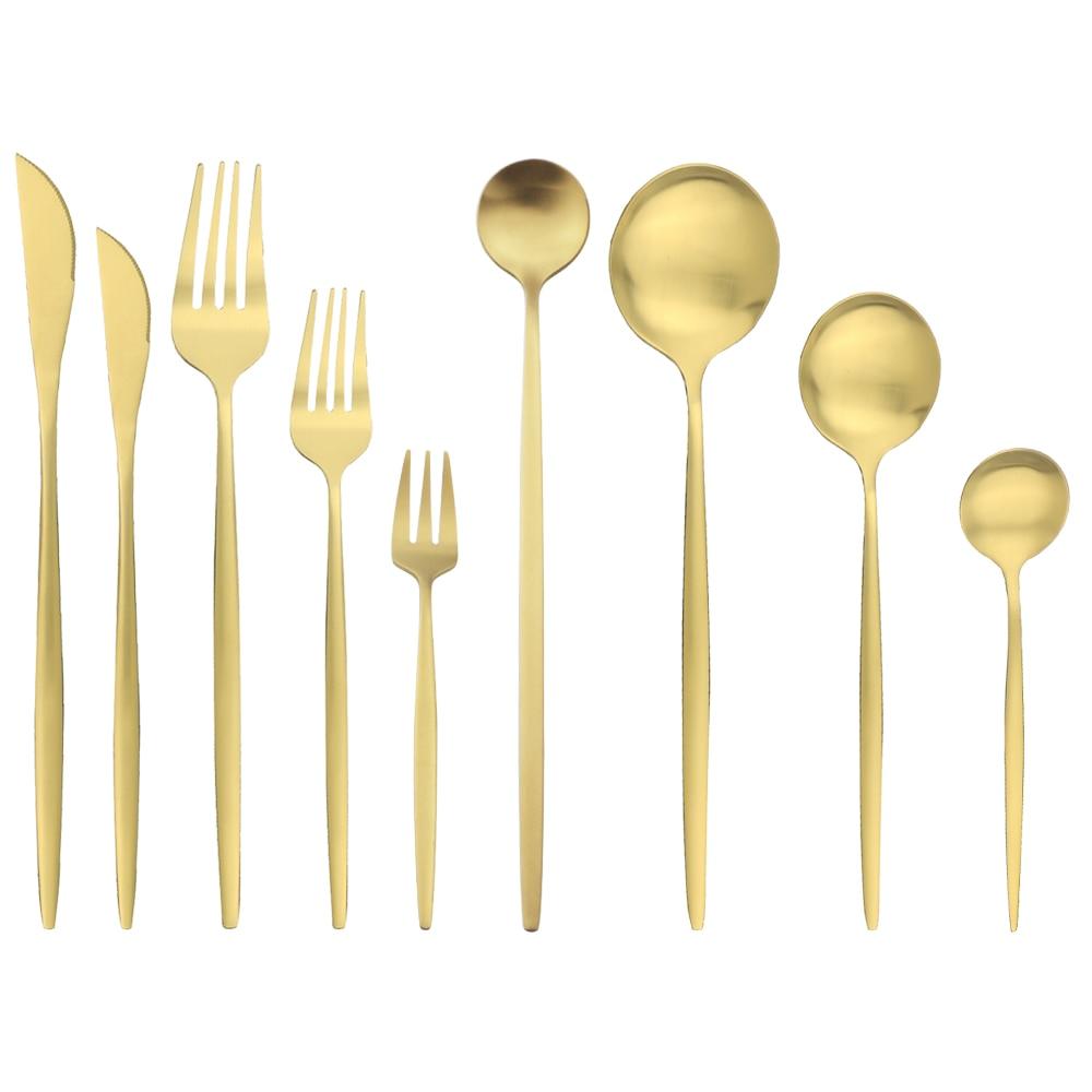 Matte Gold Cutlery Set Stainless Steel Dinnerware Cake Fork Long Handle Spoon Dessert Knife Tableware Flatware Silverware Set