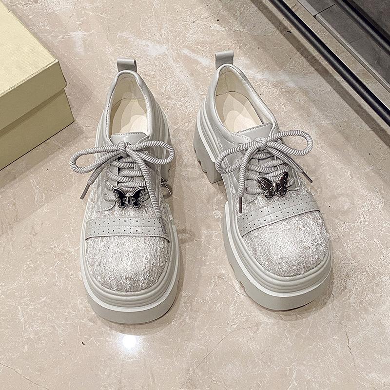 Новая кожаная обувь с пайетками, толстой подошвой и толстым каблуком, на шнуровке, низкие, однотонные, с круглым носком, женская