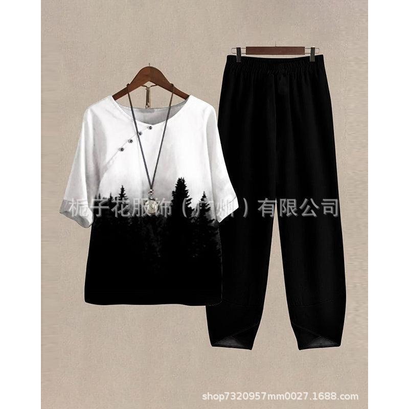 1116 new women's clothing, casual round neck five-quarter sleeve top, digital printing women's two-piece suit